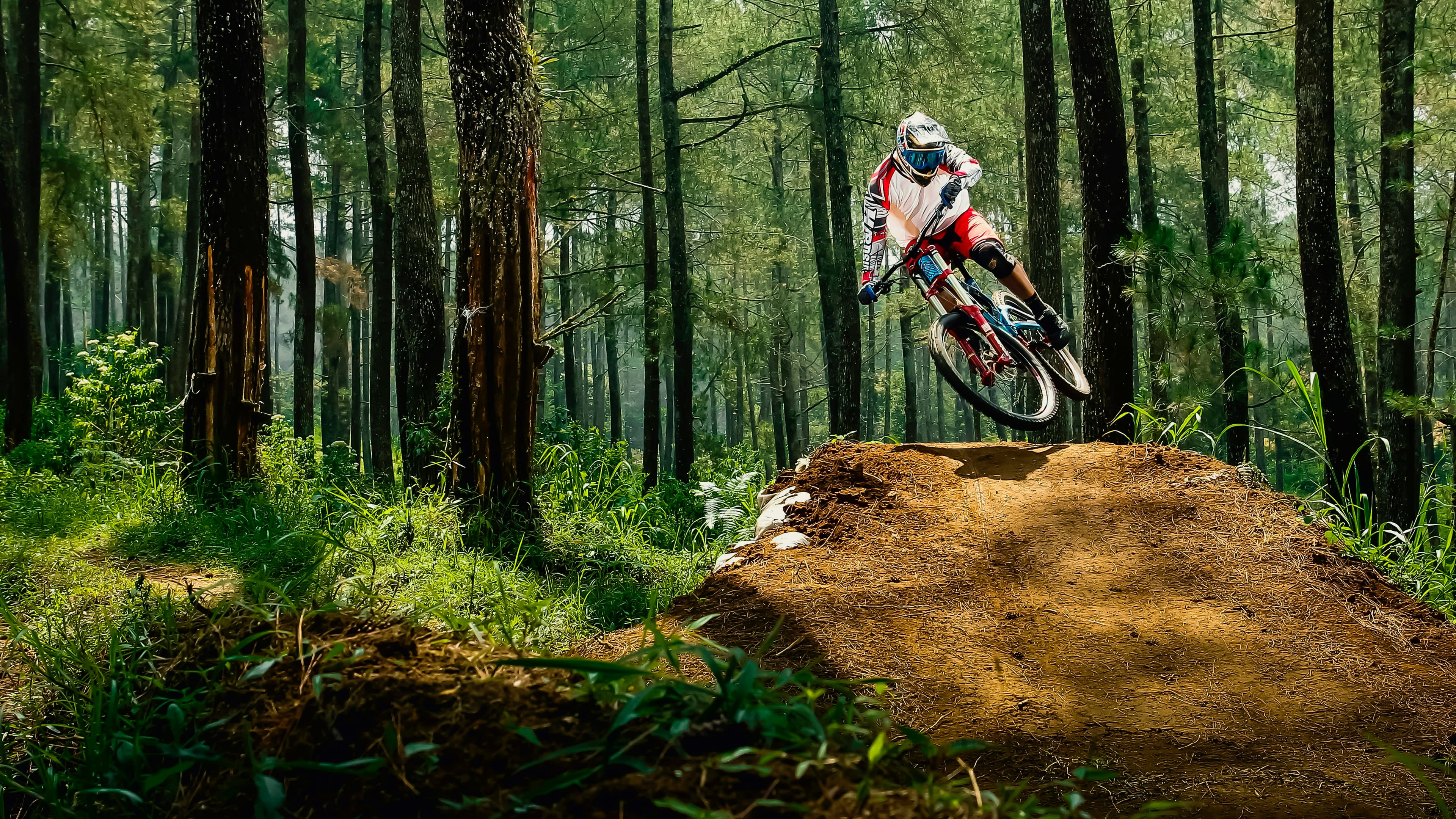 Mountain biker in the air over a forest trail